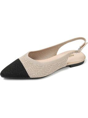 Women's Beige And Black Pointed Toe Adjustable Buckle Strap Slingback Flat Shoes